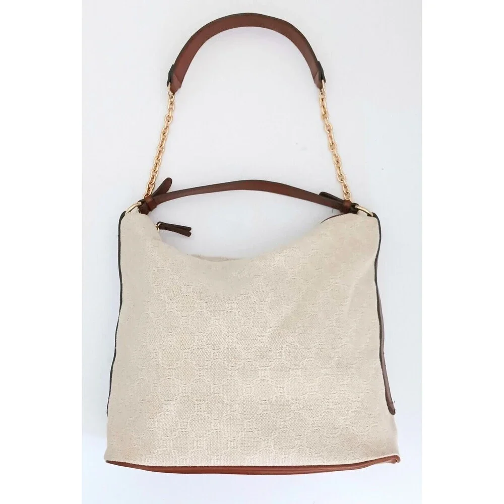 MNG Mango Cream Woven Jacquard Hobo Bag Brown Vegan Leather Double Straps